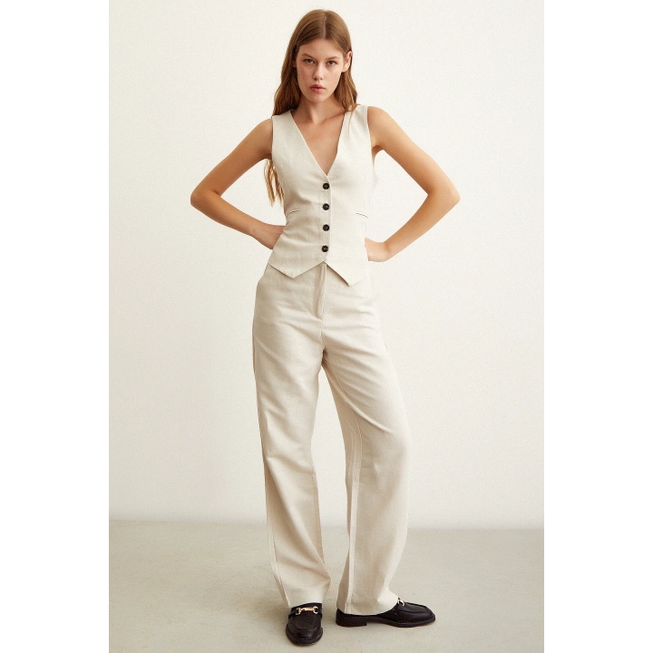 Yüksek Bel Keten Pantolon Bej