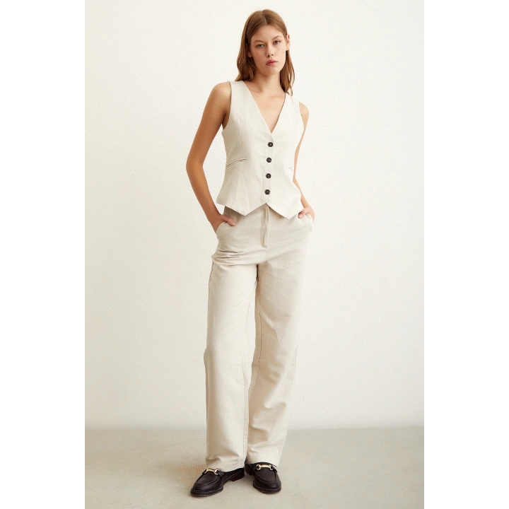 Yüksek Bel Keten Pantolon Bej