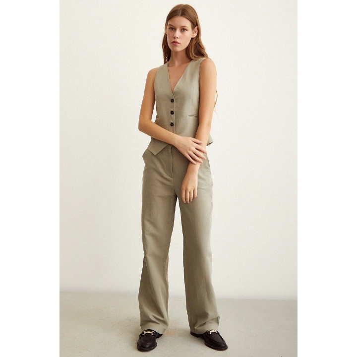 Yüksek Bel Keten Pantolon Gri