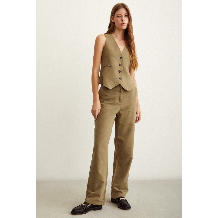 Yüksek Bel Keten Pantolon Haki