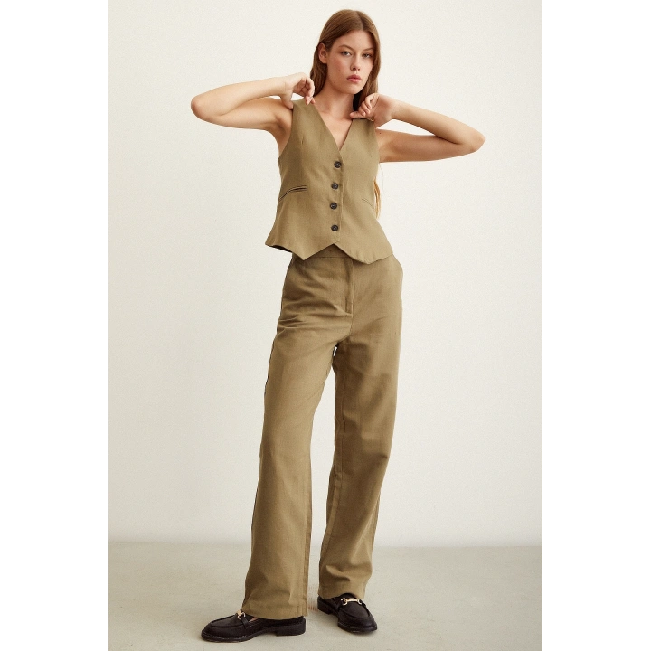 Yüksek Bel Keten Pantolon Haki