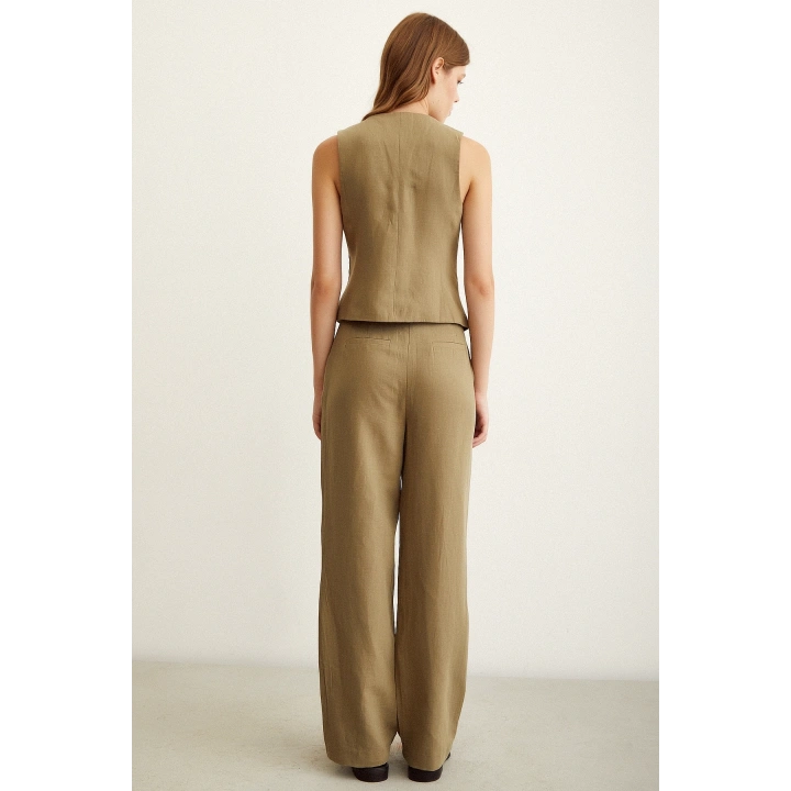Yüksek Bel Keten Pantolon Haki