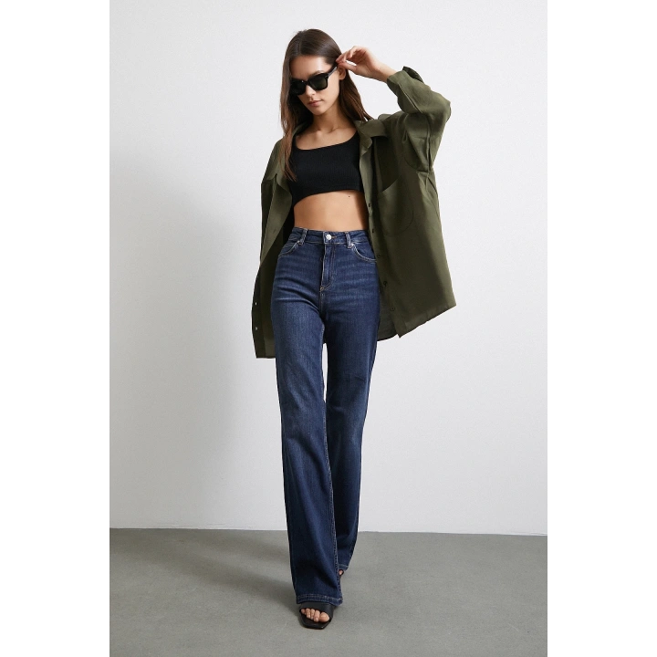 Yüksek Bel Likralı İspanyol Paça Jean Lacivert