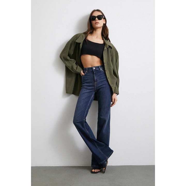 Yüksek Bel Likralı İspanyol Paça Jean Lacivert