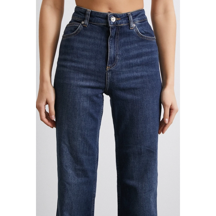 Yüksek Bel Likralı İspanyol Paça Jean Lacivert