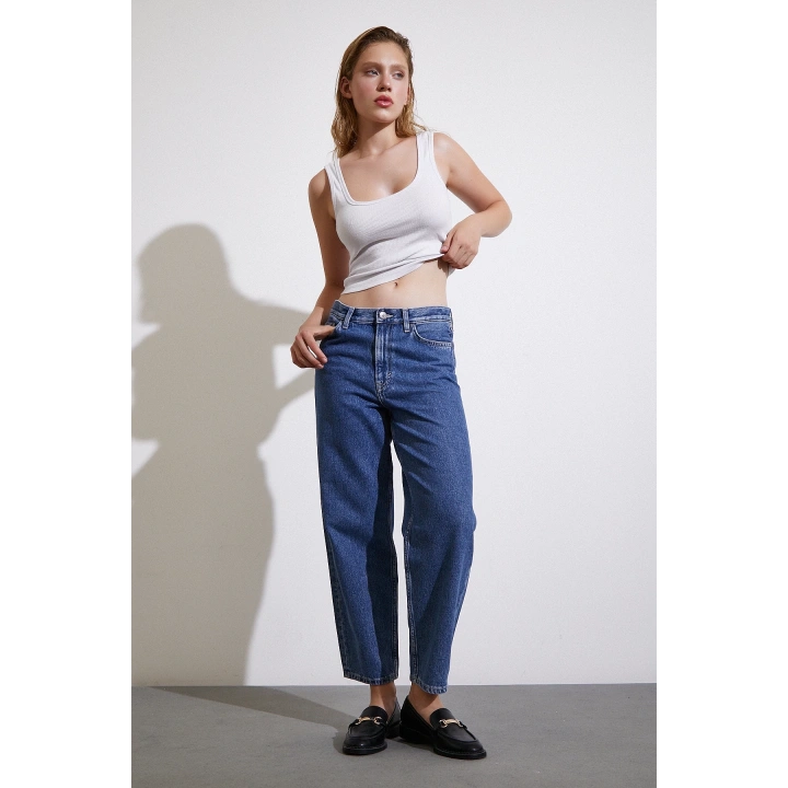 Yüksek Bel Mom Jean Mavi