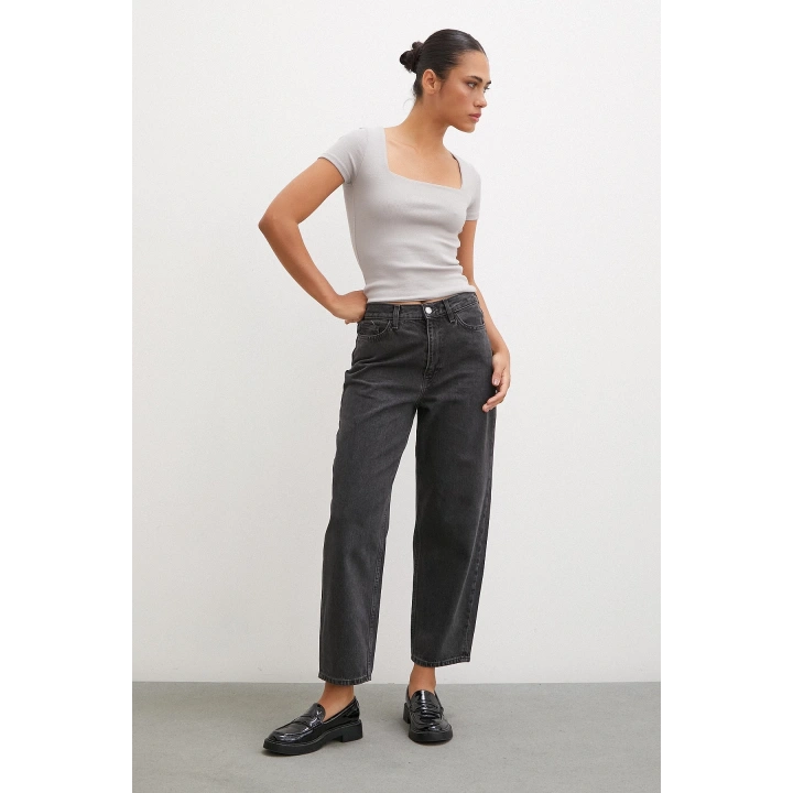 Yüksek Bel Mom Jean Siyah