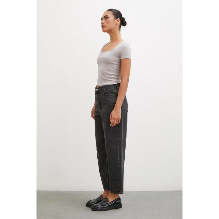 Yüksek Bel Mom Jean Siyah