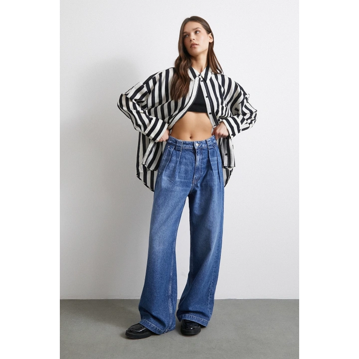 Yüksek Bel Pileli Geniş Paça Jean Mavi