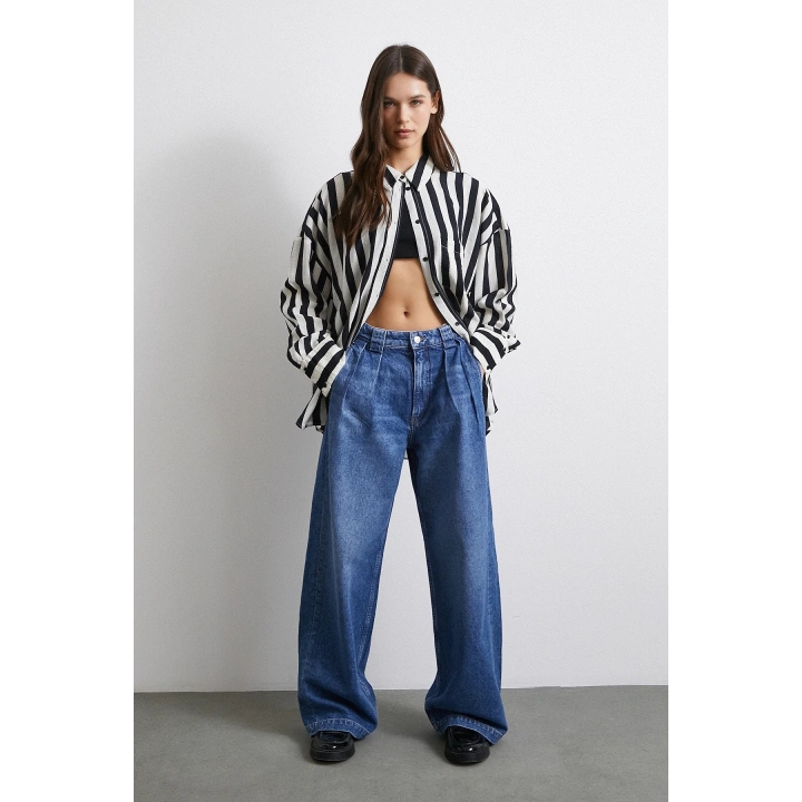 Yüksek Bel Pileli Geniş Paça Jean Mavi