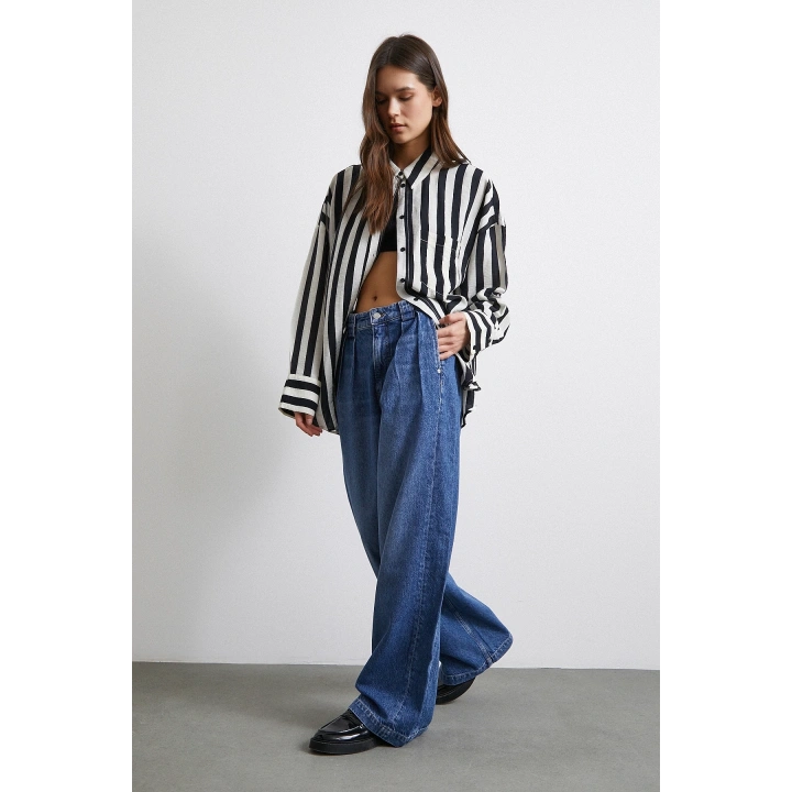 Yüksek Bel Pileli Geniş Paça Jean Mavi