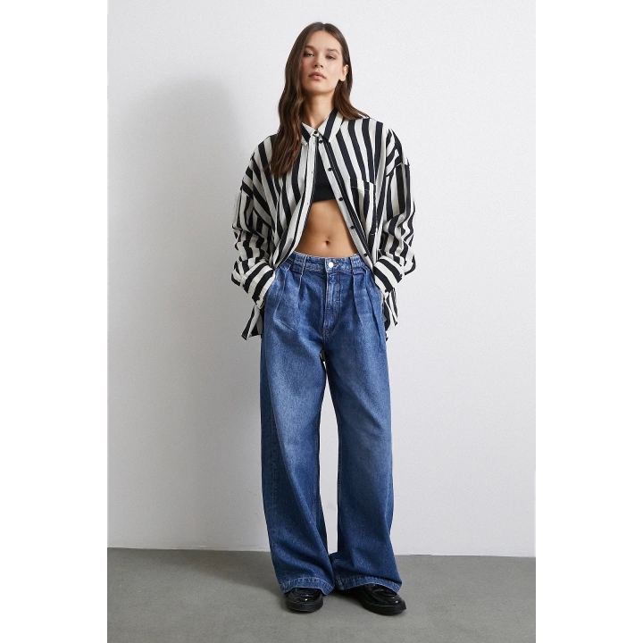 Yüksek Bel Pileli Geniş Paça Jean Mavi