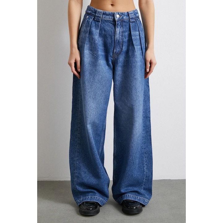 Yüksek Bel Pileli Geniş Paça Jean Mavi