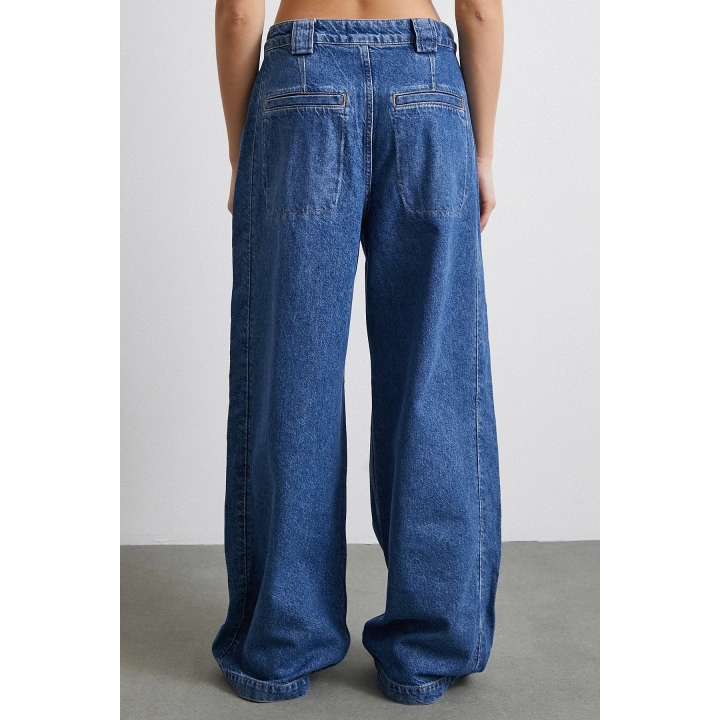 Yüksek Bel Pileli Geniş Paça Jean Mavi