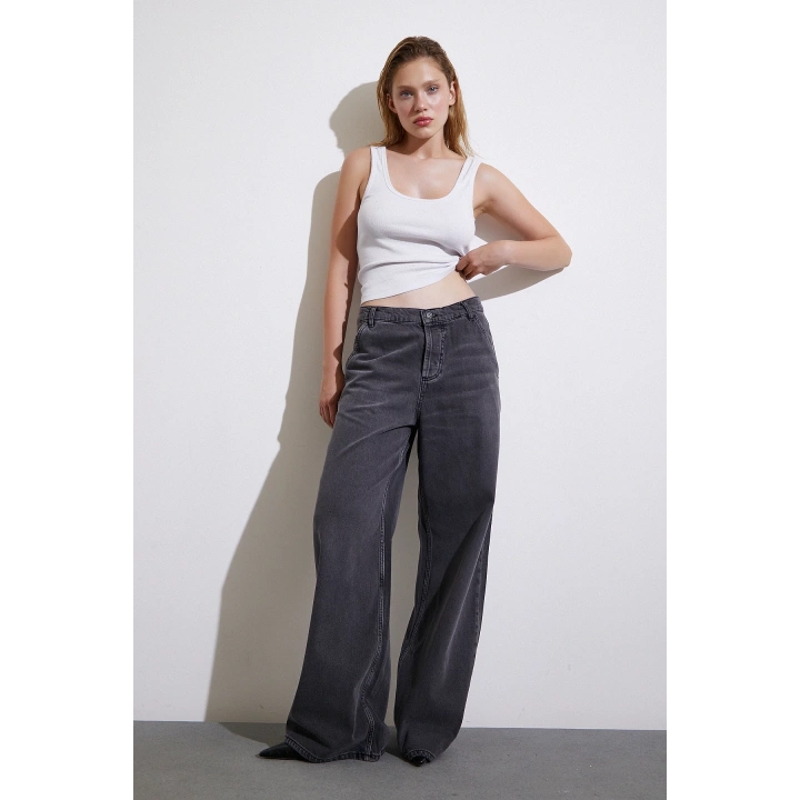 Yüksel Bel Geniş Paça Jean Füme