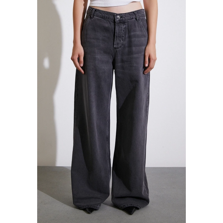 Yüksel Bel Geniş Paça Jean Füme