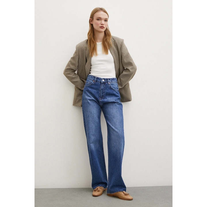 Yüksel Bel Kesik Geniş Paça Jean Mavi