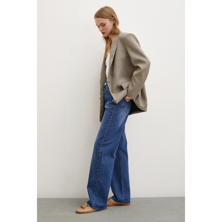 Yüksel Bel Kesik Geniş Paça Jean Mavi