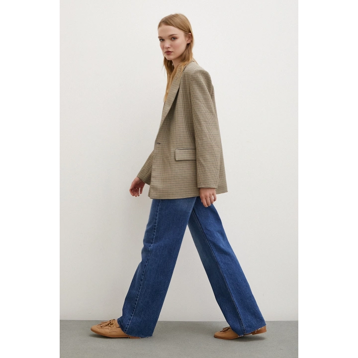 Yüksel Bel Kesik Geniş Paça Jean Mavi