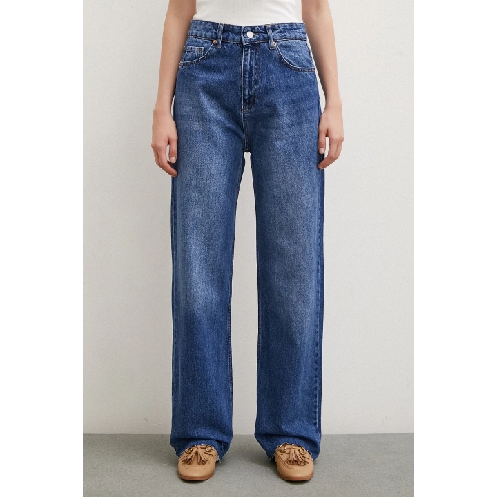 Yüksel Bel Kesik Geniş Paça Jean Mavi