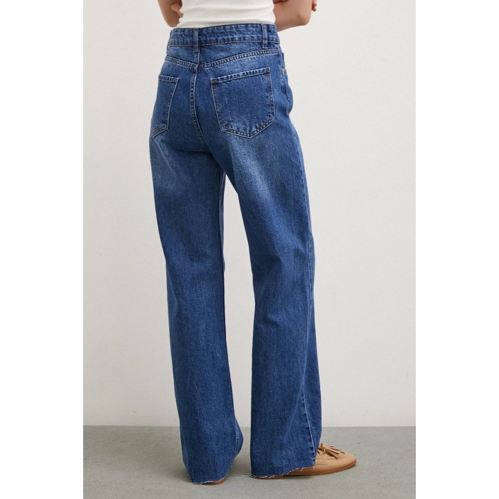 Yüksel Bel Kesik Geniş Paça Jean Mavi