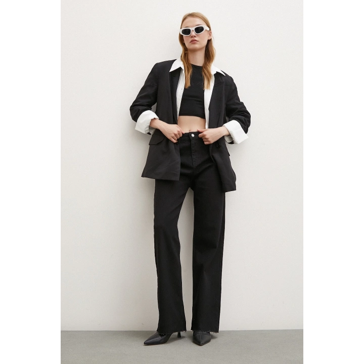 Yüksel Bel Kesik Geniş Paça Jean Siyah