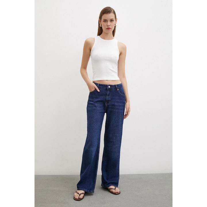 Yüksel Bel Wide Leg Jean Lacivert