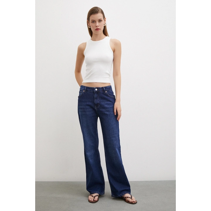 Yüksel Bel Wide Leg Jean Lacivert