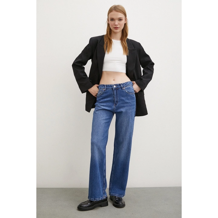 Yüksel Bel Wide Leg Jean Mavi