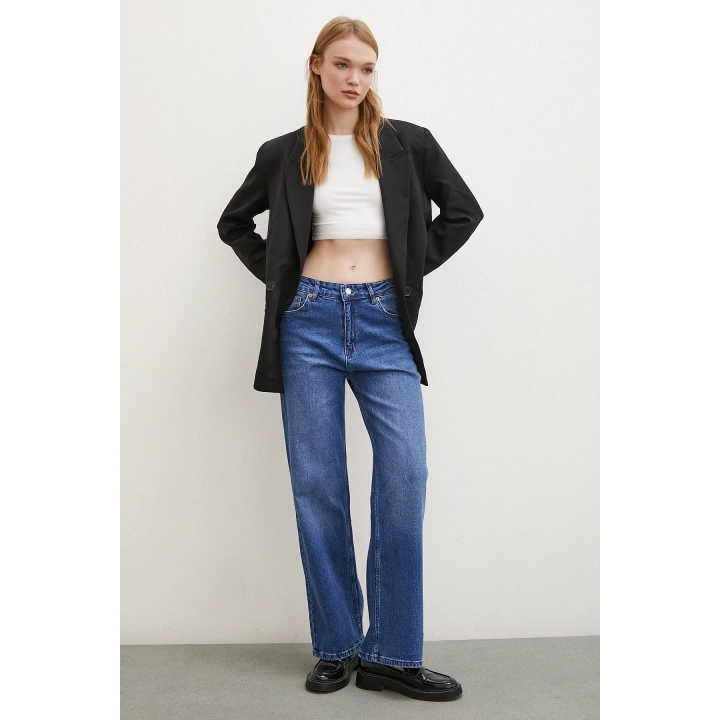 Yüksel Bel Wide Leg Jean Mavi