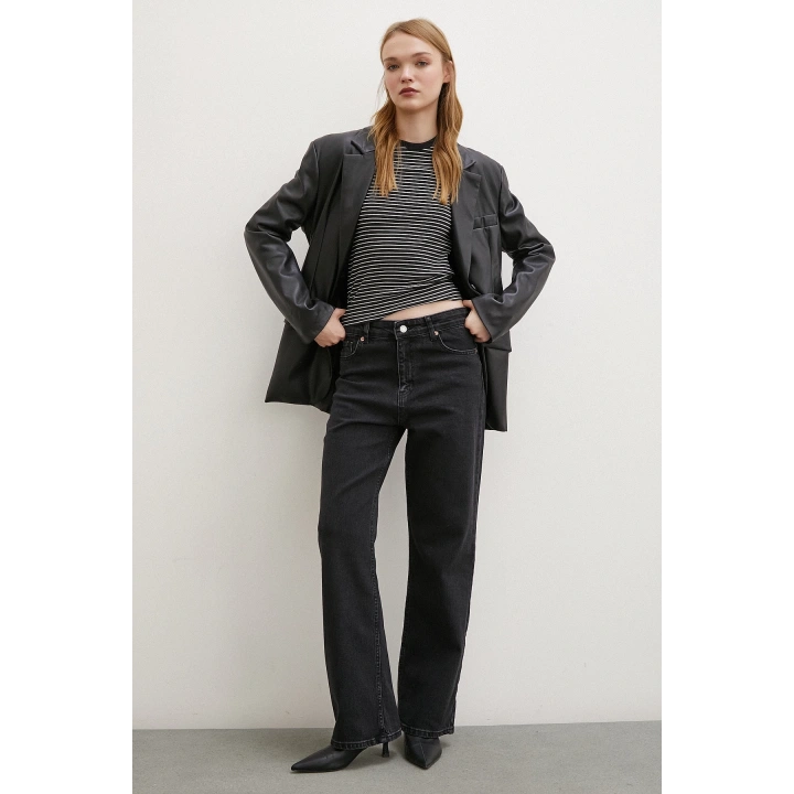 Yüksel Bel Wide Leg Jean Siyah