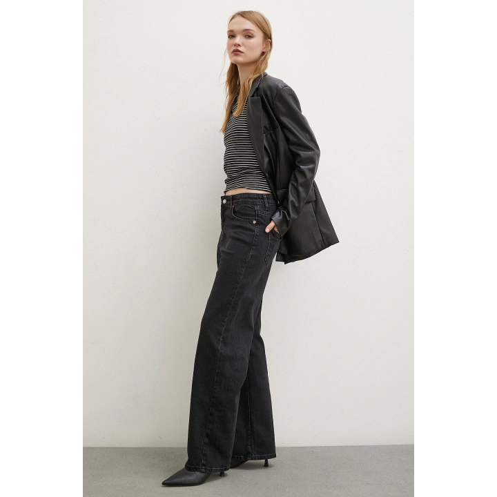 Yüksel Bel Wide Leg Jean Siyah