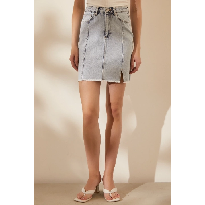 Yüksel Bel Yırtmaçlı Etek Buz Mavisi