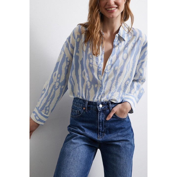Zebra Desen Modal Gömlek Mavi