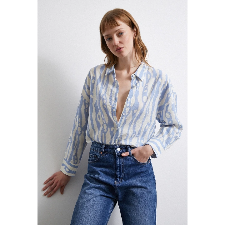 Zebra Desen Modal Gömlek Mavi