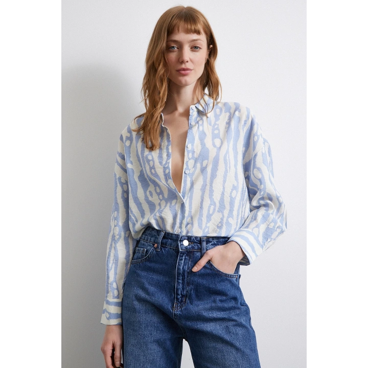 Zebra Desen Modal Gömlek Mavi