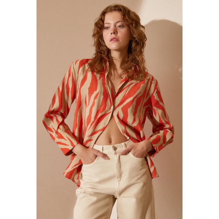 Zebra Desen Modal Gömlek Zebra Desen Turuncu