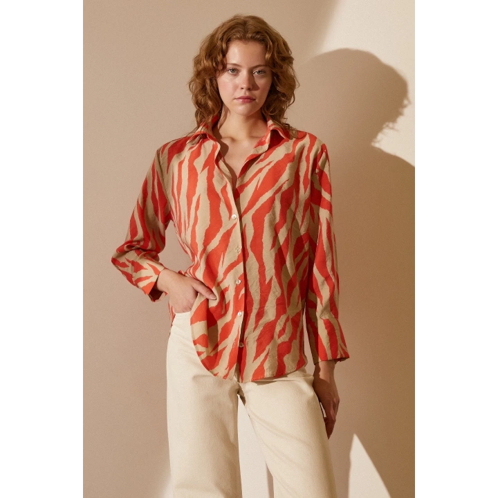 Zebra Desen Modal Gömlek Zebra Desen Turuncu