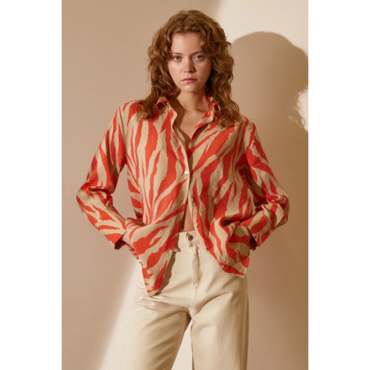Zebra Desen Modal Gömlek Zebra Desen Turuncu