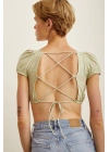Arkası Bağlamalı Çiçekli Crop Top Yeşil