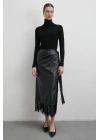 Bağlamalı Püsküllü Deri Etek Siyah