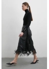 Bağlamalı Püsküllü Deri Etek Siyah
