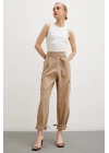Bel Pileli Kargo Cep Pantolon Bej