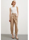 Bel Pileli Kargo Cep Pantolon Bej