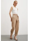 Bel Pileli Kargo Cep Pantolon Bej