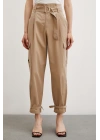 Bel Pileli Kargo Cep Pantolon Bej