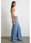 Beli Lastikli Bağcıklı Geniş Paça Pantolon Mavi