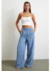 Beli Lastikli Bağcıklı Geniş Paça Pantolon Mavi