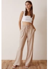 Beli Lastikli Biyeli Yüksek Bel Pantolon Bej