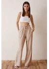 Beli Lastikli Biyeli Yüksek Bel Pantolon Bej